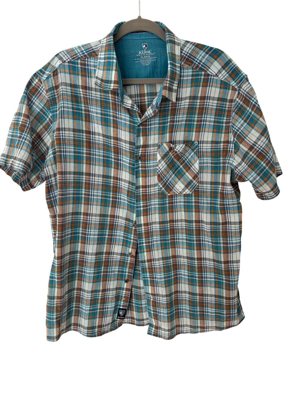 Kuhl Men’s Short-Sleeve Plaid Button-Up Shirt - Teal, Brown & White